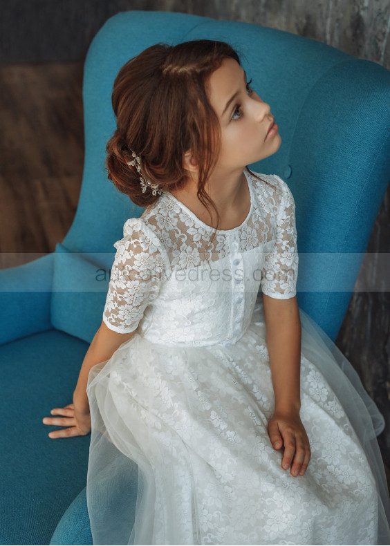 Elbow Sleeve Ivory Lace Tulle Keyhole Back Flower Girl Dress